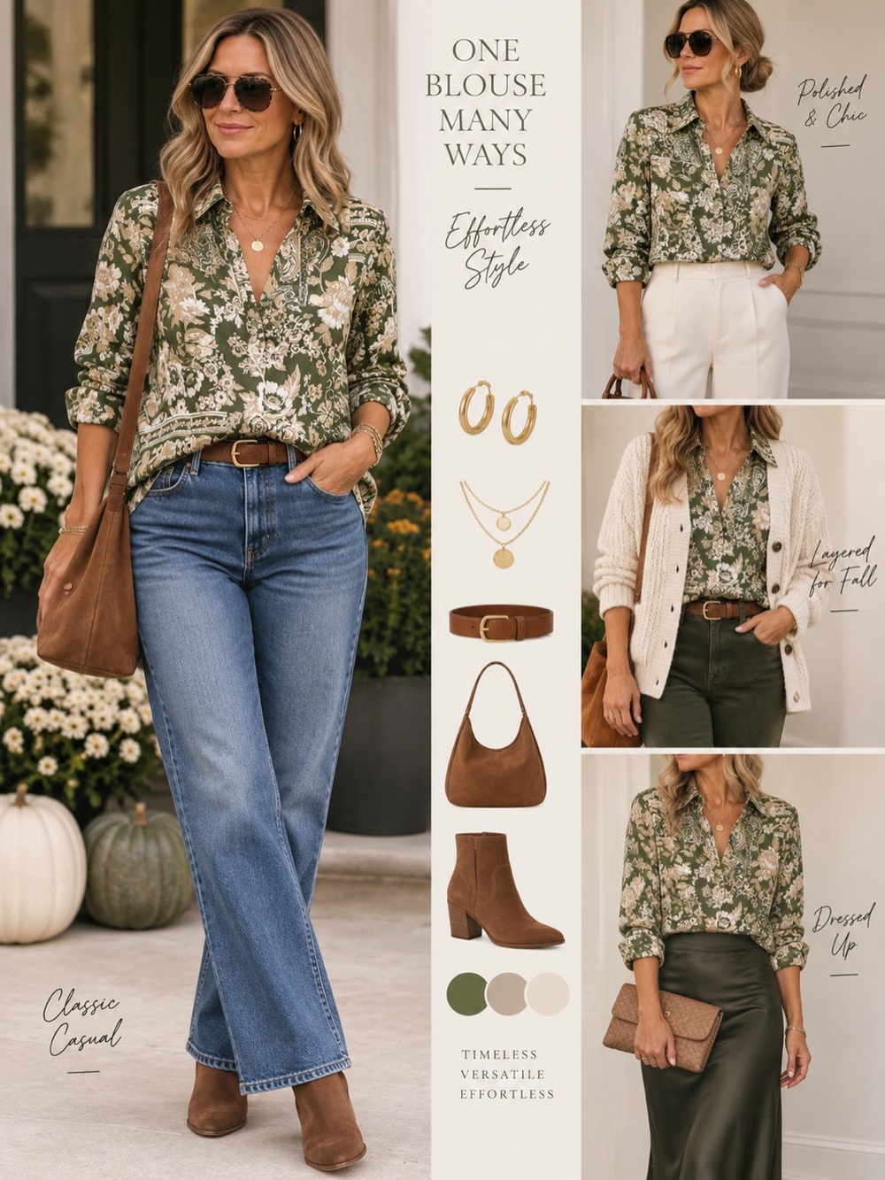 Pleione Olive Green Floral Button-Down Blouse